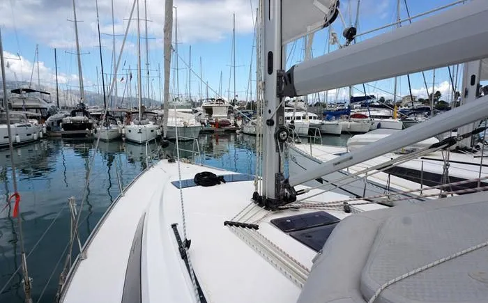 Deck of Leonidas Bavaria 46 Cruiser, a Bavaria 46 Cruiser sailboat at Municipal Unit of Lefkada, Greece