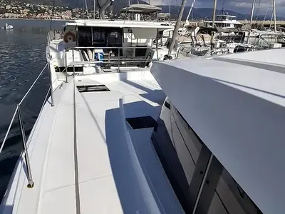 Deck of WHITE PEARL, a Bali 4.2 catamaran at La Favière, France