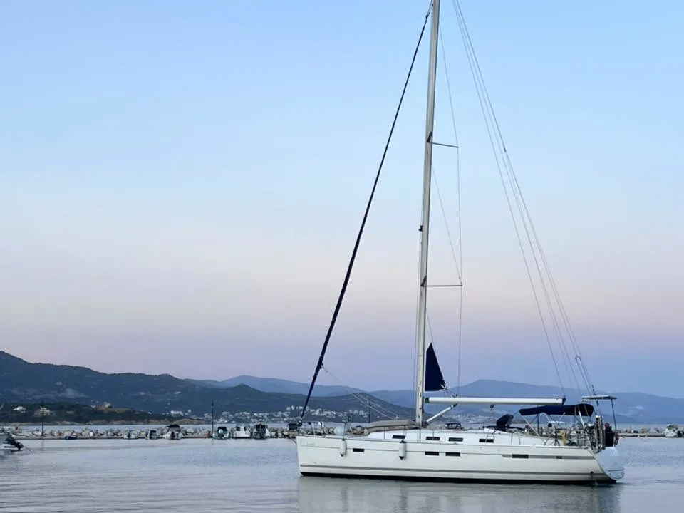 Exterior view of Rachelle, a Bavaria Cruiser 45 sailboat at Kavala, Greece