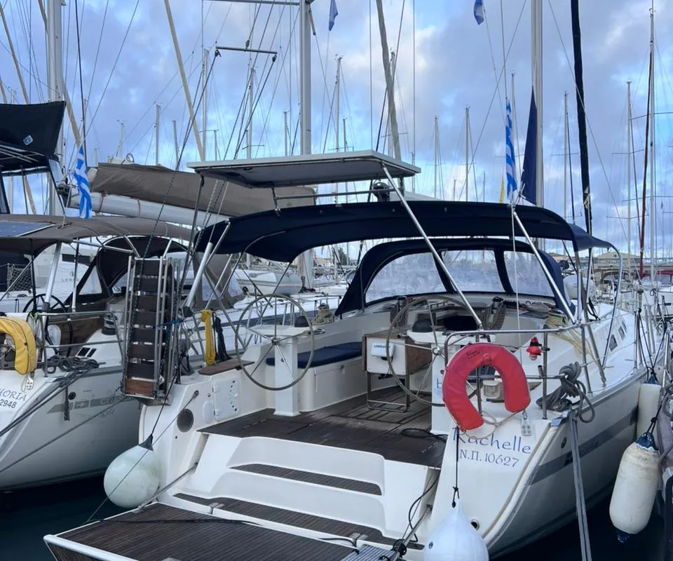 Deck of Rachelle, a Bavaria Cruiser 45 sailboat at Kavala, Greece