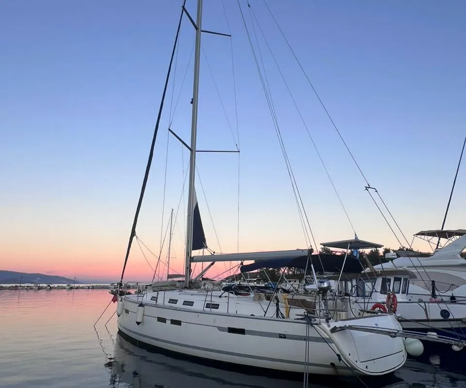Exterior view of Rachelle, a Bavaria Cruiser 45 sailboat at Kavala, Greece