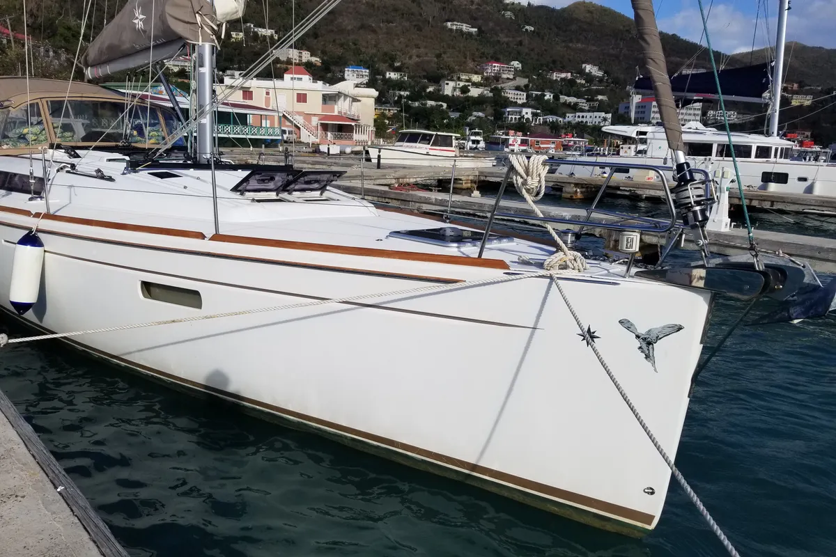 Exterior view of Silver Girl, a Jeanneau Sun Odyssey 469 sailboat at Road Town, British Virgin Islands