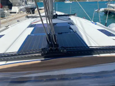 Deck of Silver Girl, a Jeanneau Sun Odyssey 469 sailboat at Road Town, British Virgin Islands