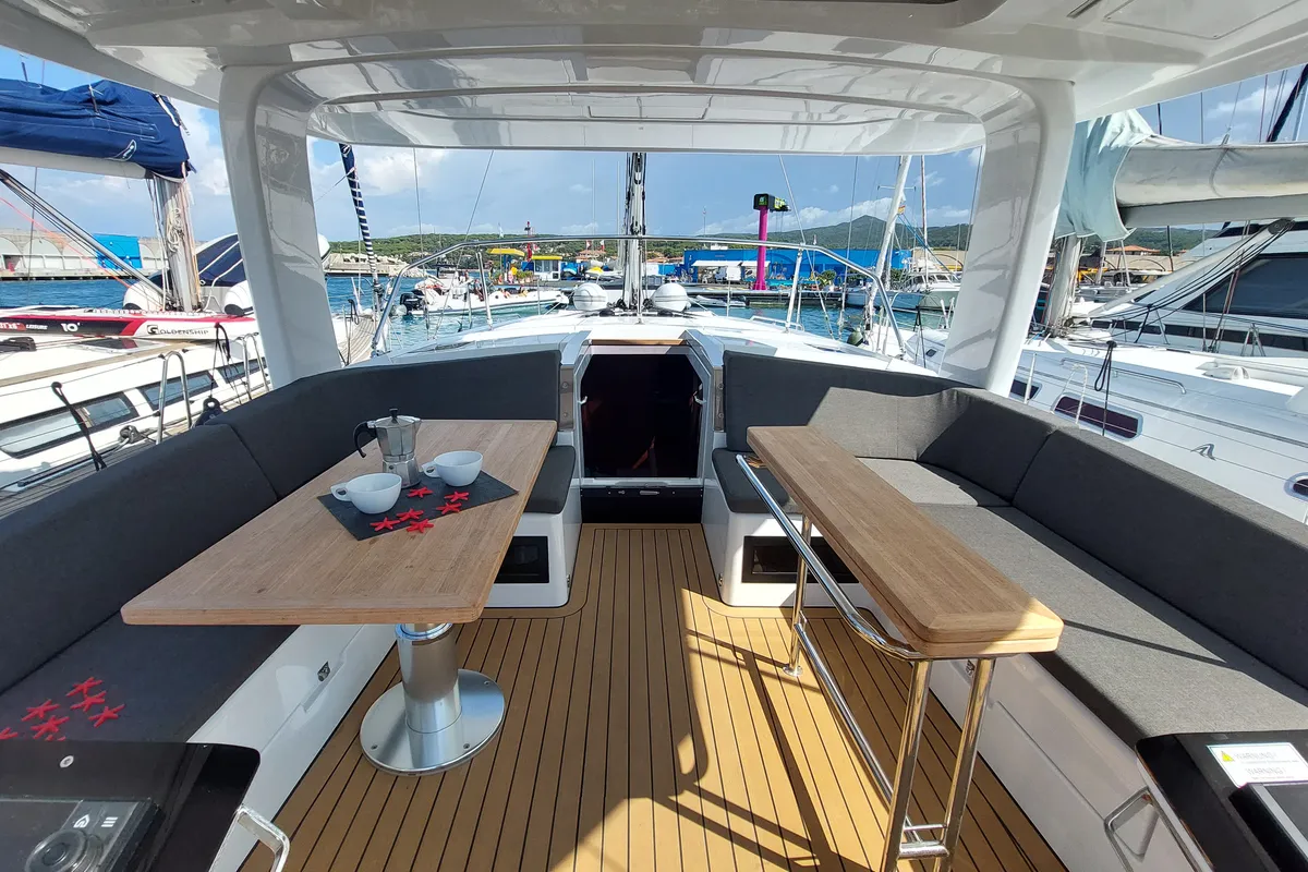 Deck of La Mariacristina, a Hanse 460 sailboat at Rosignano Solvay, Italy