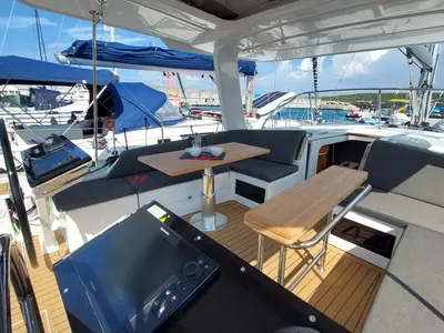Cockpit of La Mariacristina, a Hanse 460 sailboat at Rosignano Solvay, Italy