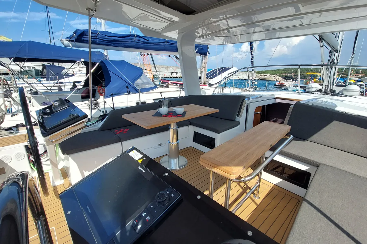 Cockpit of La Mariacristina, a Hanse 460 sailboat at Rosignano Solvay, Italy