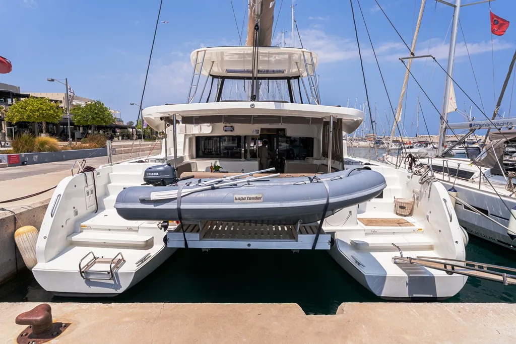 Exterior view of Escape, a Lagoon 46 catamaran at Rhodes, Greece