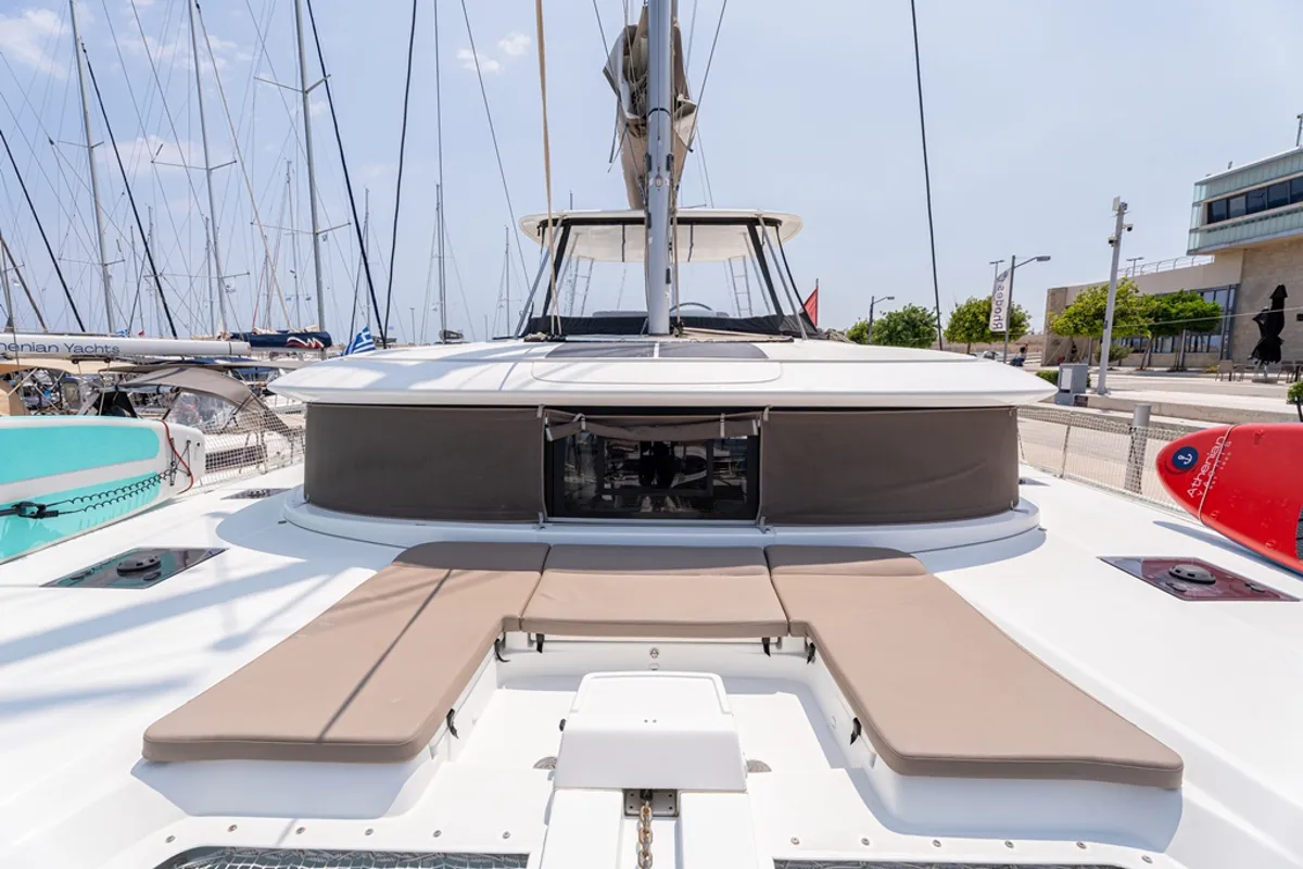 Deck of Escape, a Lagoon 46 catamaran at Rhodes, Greece