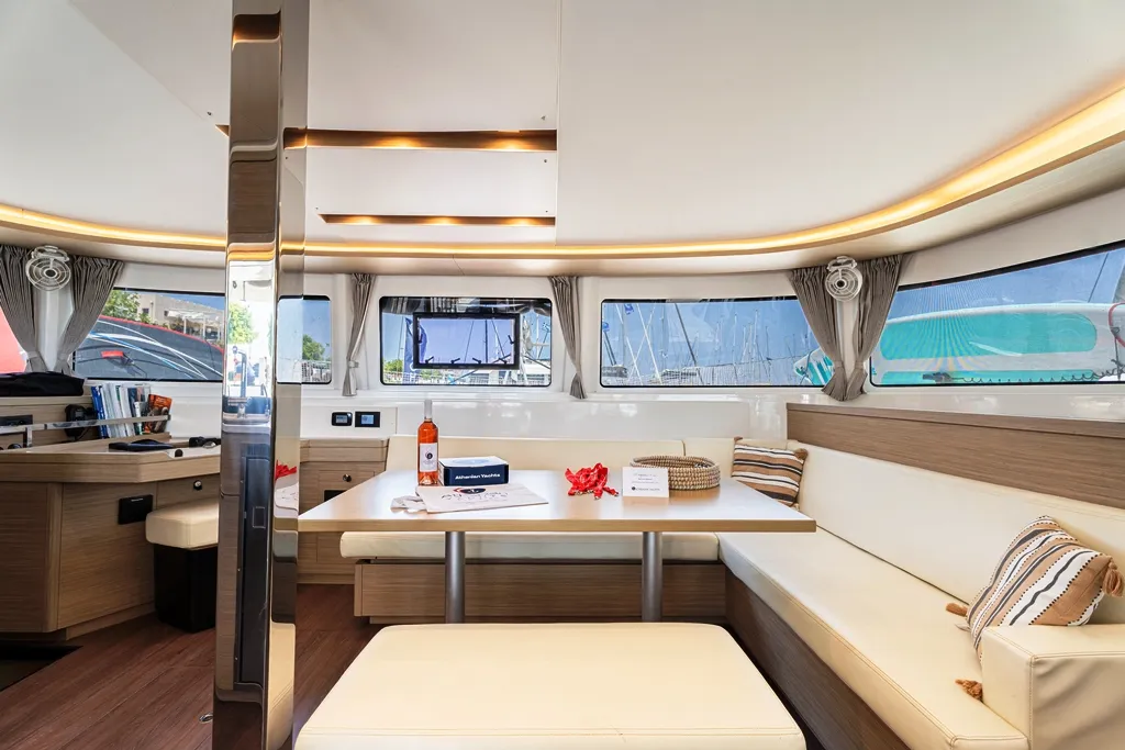 Salon of Escape, a Lagoon 46 catamaran at Rhodes, Greece