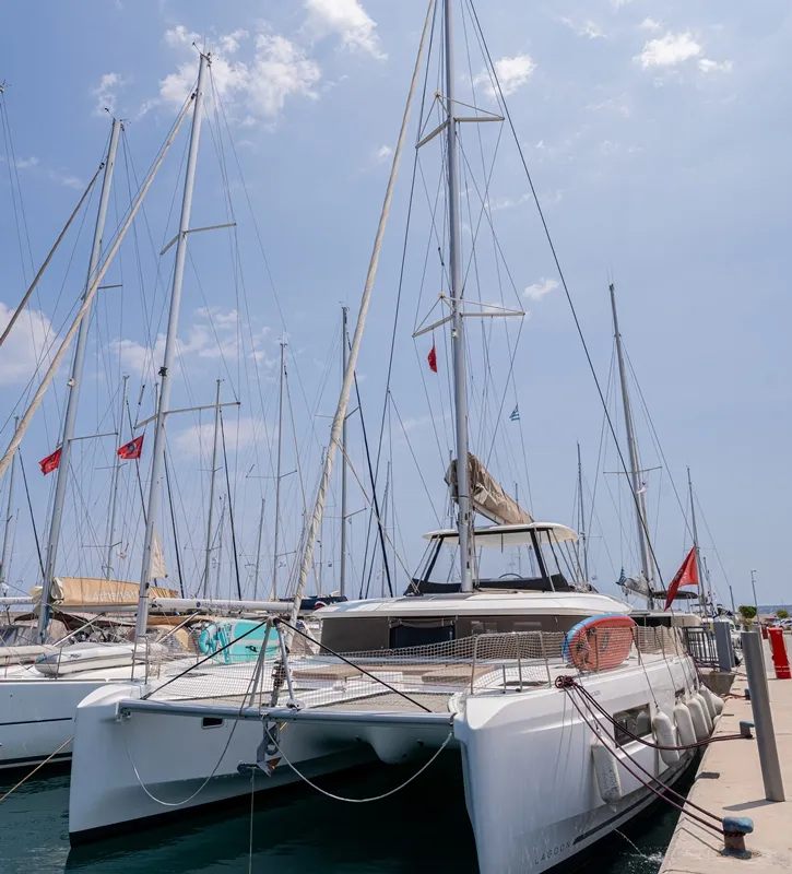 Exterior view of Escape, a Lagoon 46 catamaran at Rhodes, Greece