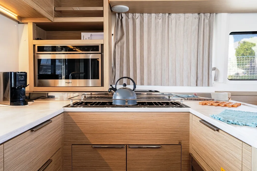 Galley of Escape, a Lagoon 46 catamaran at Rhodes, Greece