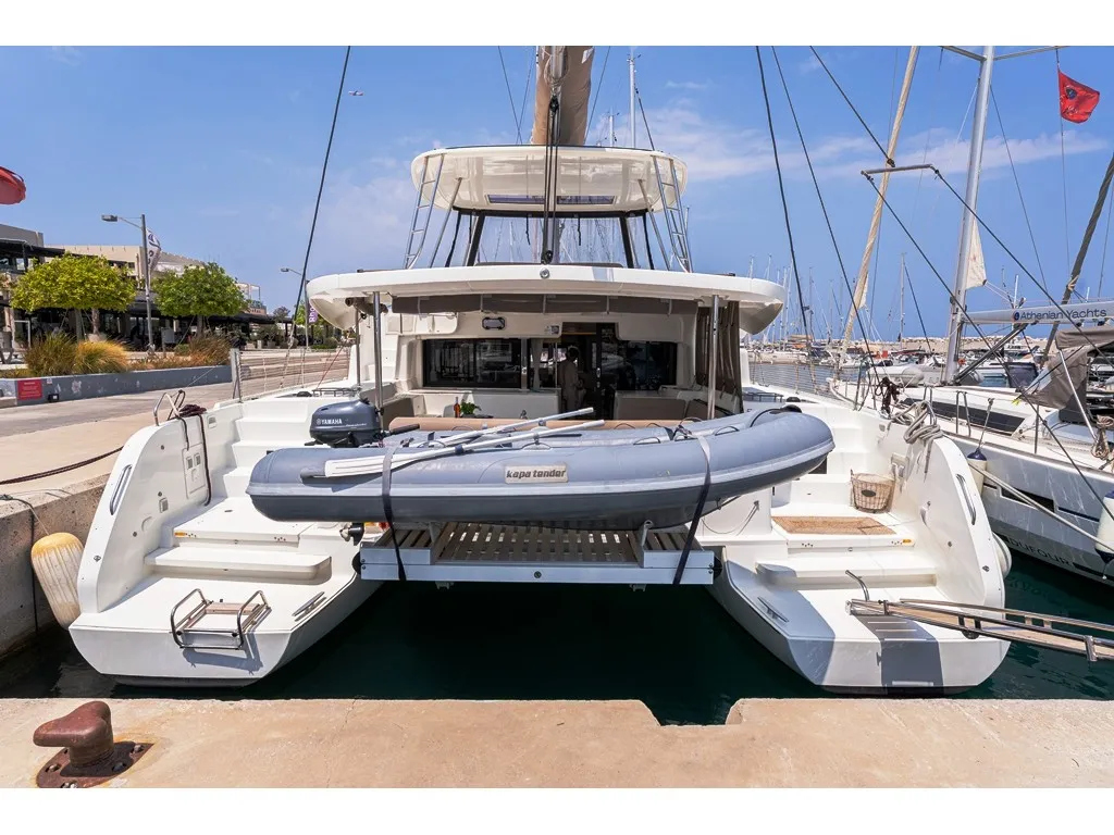 Exterior view of Escape, a Lagoon 46 catamaran at Rhodes, Greece