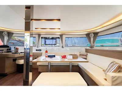 Salon of Escape, a Lagoon 46 catamaran at Rhodes, Greece