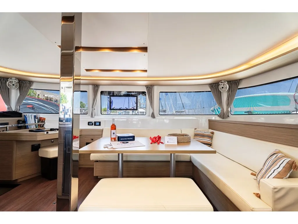 Salon of Escape, a Lagoon 46 catamaran at Rhodes, Greece
