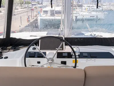 Cockpit of Escape, a Lagoon 46 catamaran at Rhodes, Greece
