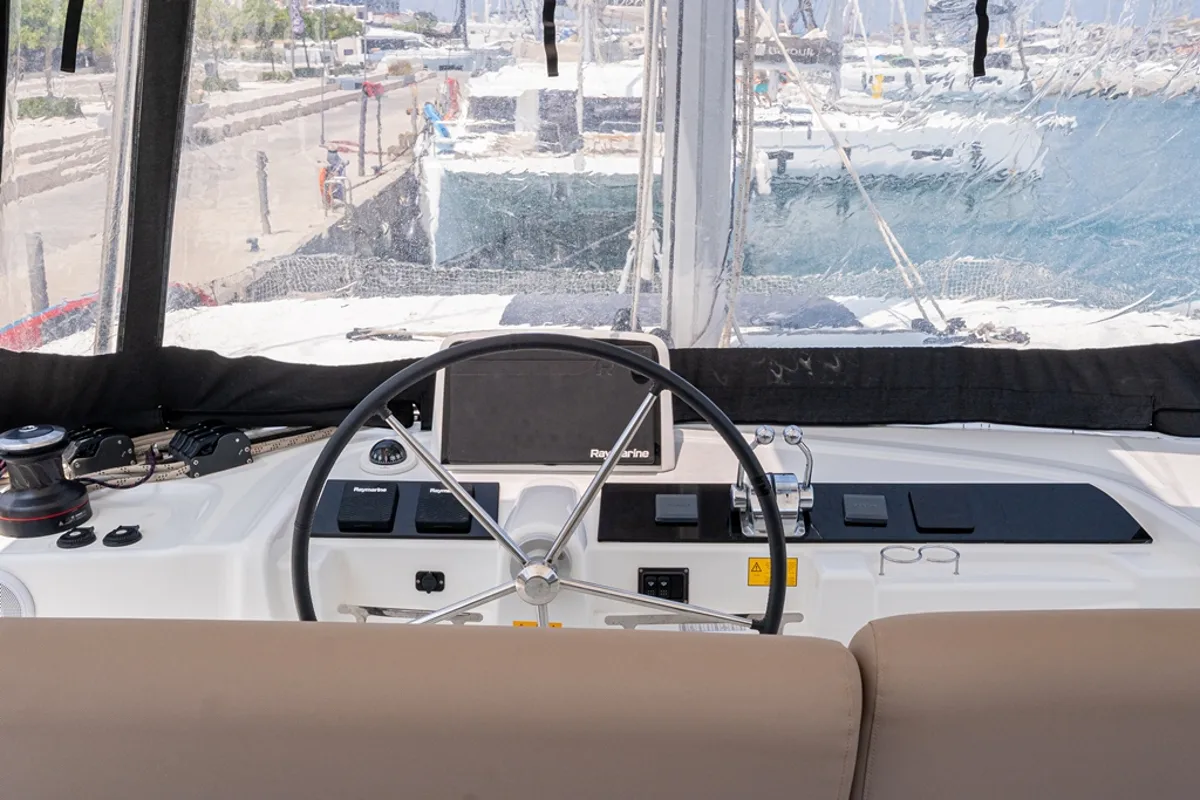 Cockpit of Escape, a Lagoon 46 catamaran at Rhodes, Greece