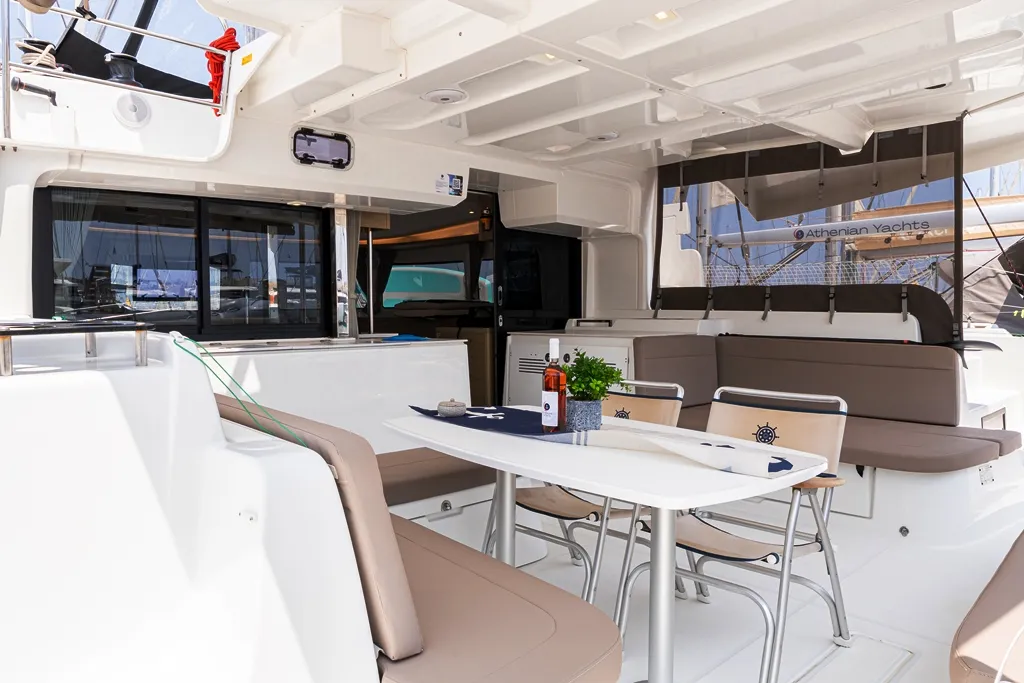 Deck of Escape, a Lagoon 46 catamaran at Rhodes, Greece