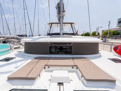 Deck of Escape, a Lagoon 46 catamaran at Rhodes, Greece