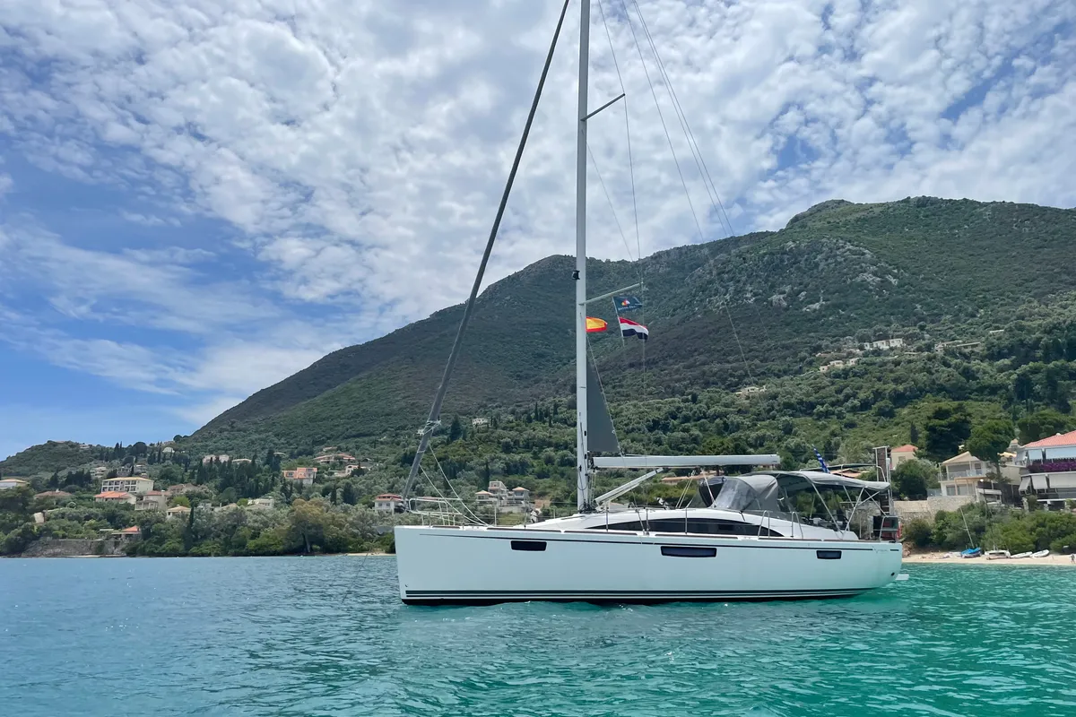 Exterior view of Adonis, a Bavaria Vision 42 sailboat at Preveza, Greece