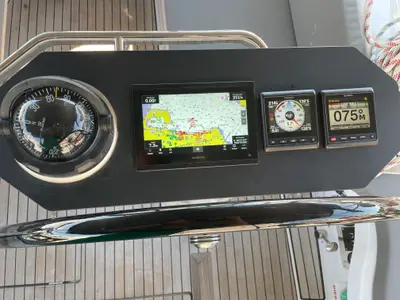 Cockpit of Adonis, a Bavaria Vision 42 sailboat at Preveza, Greece