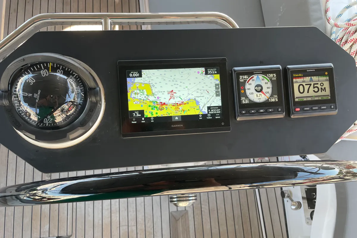 Cockpit of Adonis, a Bavaria Vision 42 sailboat at Preveza, Greece