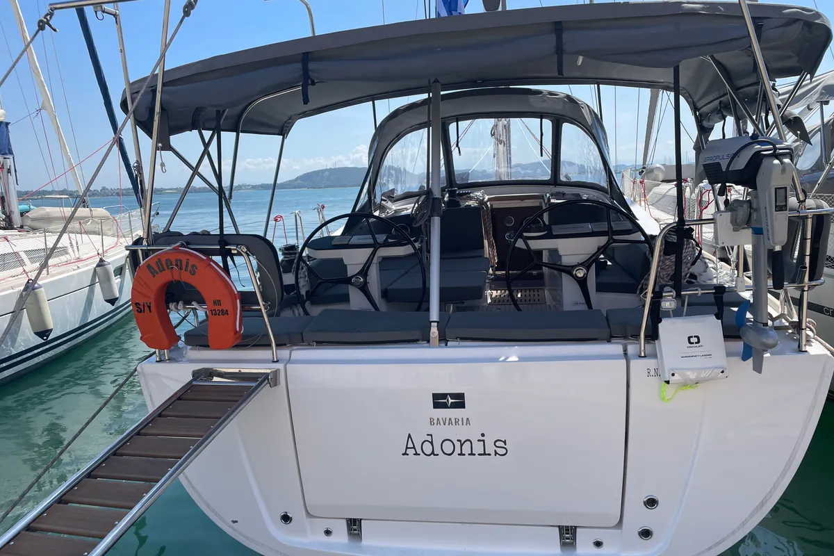 Exterior view of Adonis, a Bavaria Vision 42 sailboat at Preveza, Greece