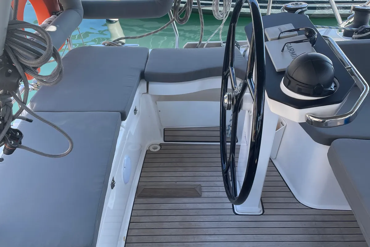 Cockpit of Adonis, a Bavaria Vision 42 sailboat at Preveza, Greece