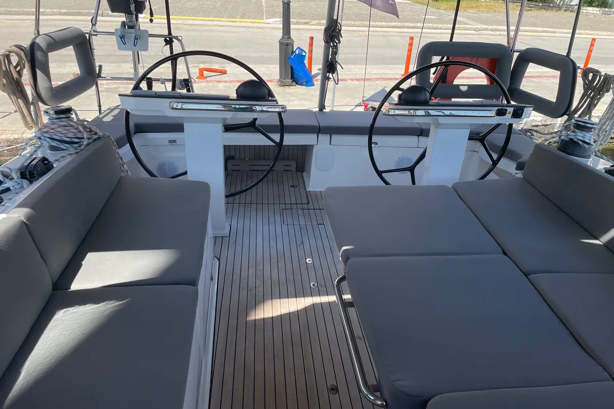 Cockpit of Adonis, a Bavaria Vision 42 sailboat at Preveza, Greece