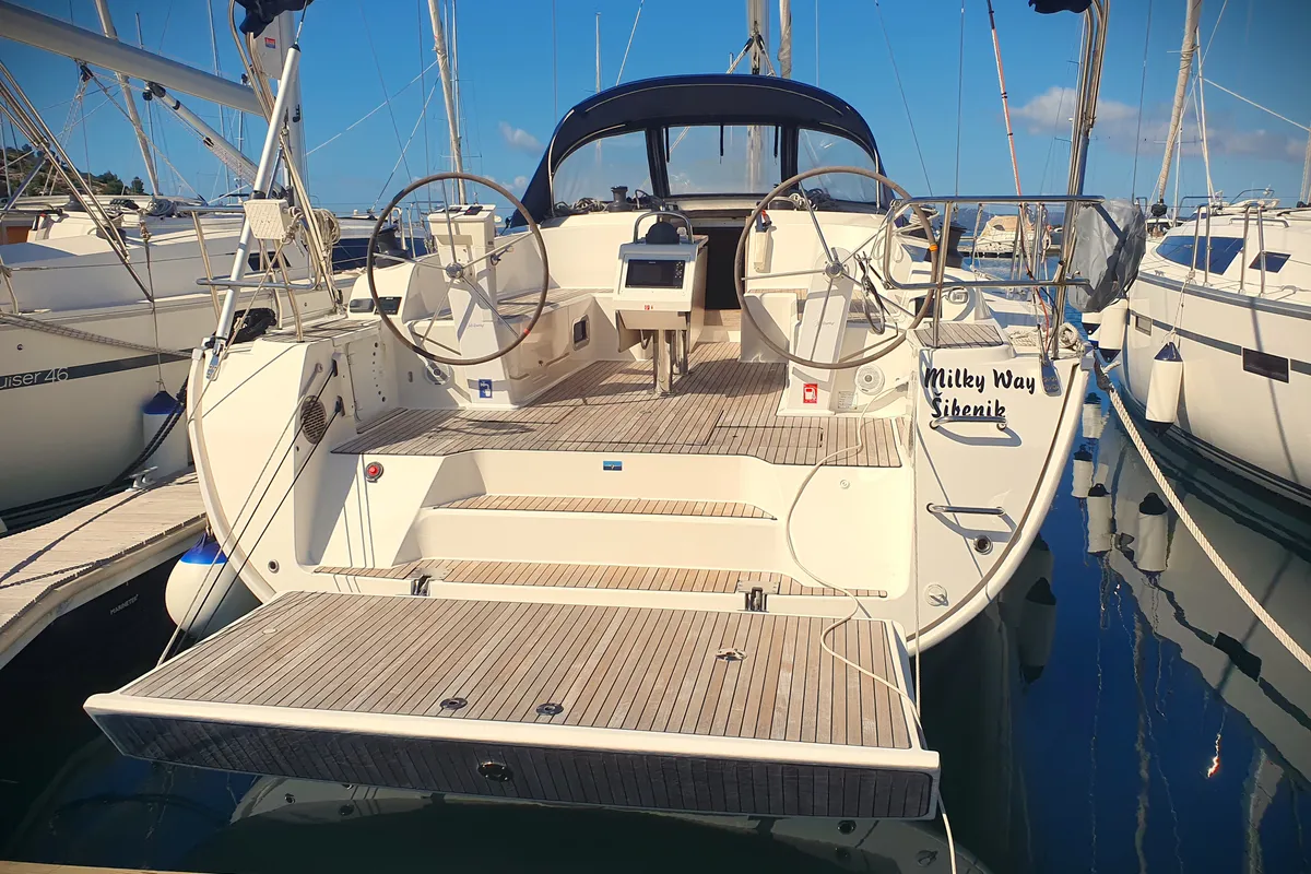 Exterior view of Milky Way, a Bavaria Cruiser 46 sailboat at Općina Pakoštane, Croatia