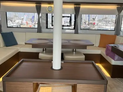 Salon of Shilouette, a Lagoon 50 catamaran at Athens, Greece