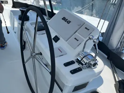 Cockpit of Shilouette, a Lagoon 50 catamaran at Athens, Greece