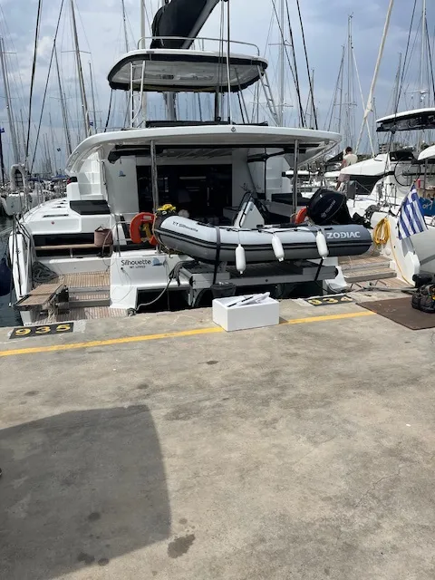 Exterior view of Shilouette, a Lagoon 50 catamaran at Athens, Greece