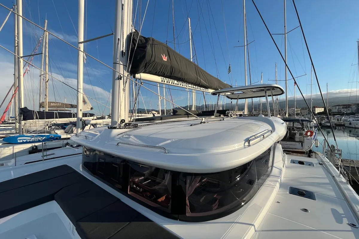 Exterior view of Why not 21, a Lagoon 43 catamaran at Municipal Unit of Lefkada, Greece