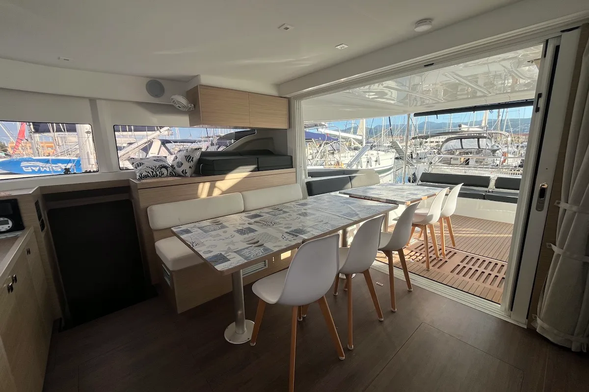 Salon of Why not 21, a Lagoon 43 catamaran at Municipal Unit of Lefkada, Greece
