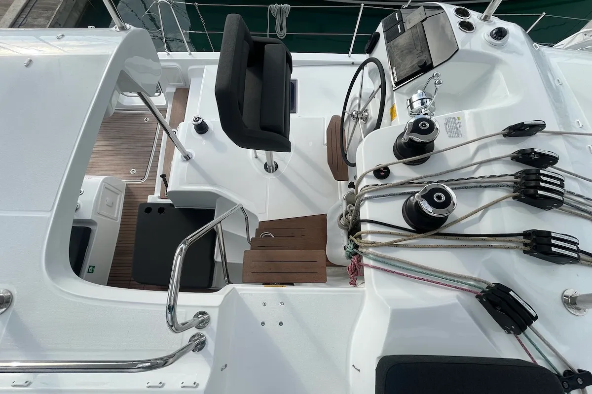 Cockpit of Why not 21, a Lagoon 43 catamaran at Municipal Unit of Lefkada, Greece