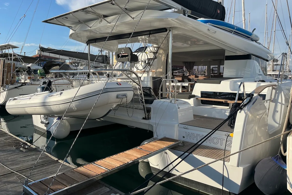 Exterior view of Why not 21, a Lagoon 43 catamaran at Municipal Unit of Lefkada, Greece