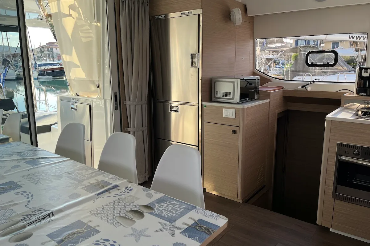 Salon of Why not 21, a Lagoon 43 catamaran at Municipal Unit of Lefkada, Greece