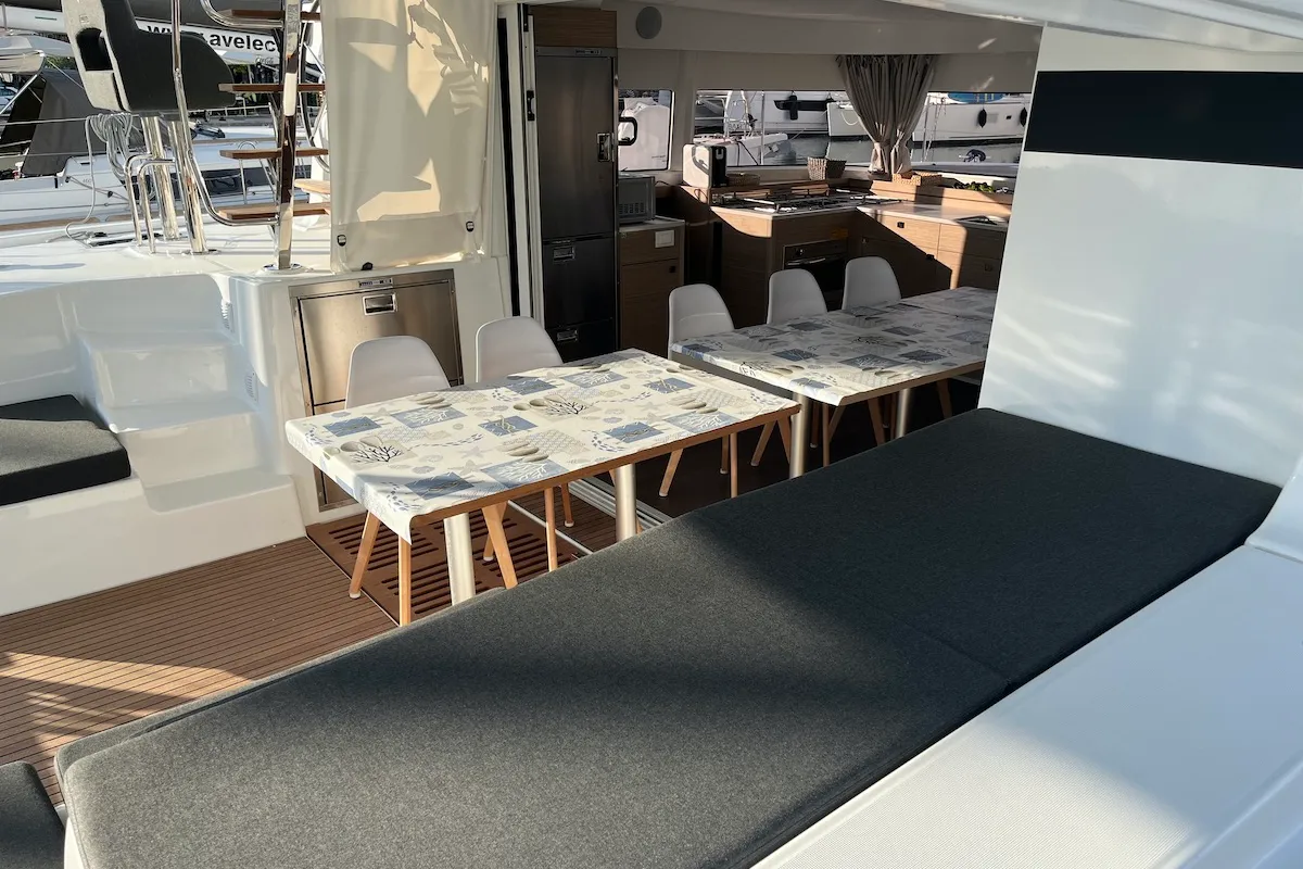 Deck of Why not 21, a Lagoon 43 catamaran at Municipal Unit of Lefkada, Greece