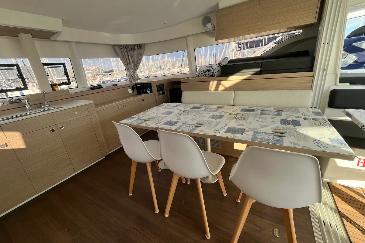 Salon of Why not 21, a Lagoon 43 catamaran at Municipal Unit of Lefkada, Greece