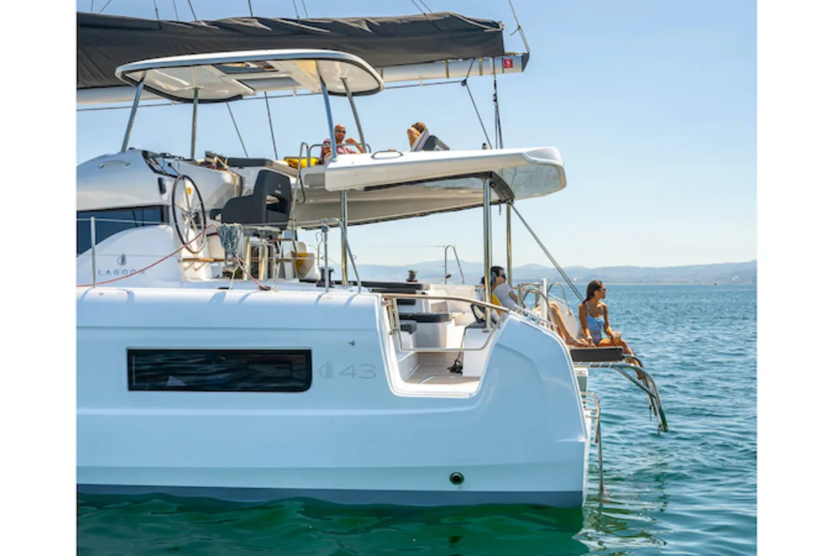 Exterior view of Why not 21, a Lagoon 43 catamaran at Municipal Unit of Lefkada, Greece