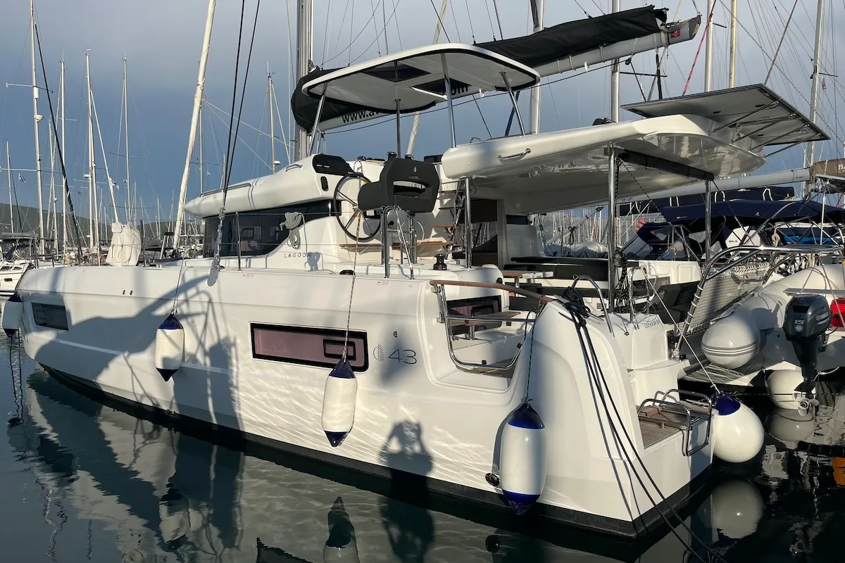 Exterior view of Why not 21, a Lagoon 43 catamaran at Municipal Unit of Lefkada, Greece