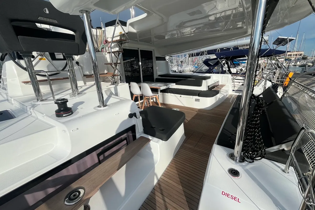Deck of Why not 21, a Lagoon 43 catamaran at Municipal Unit of Lefkada, Greece