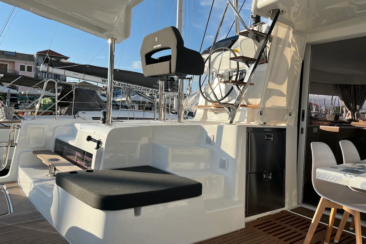 Deck of Why not 21, a Lagoon 43 catamaran at Municipal Unit of Lefkada, Greece