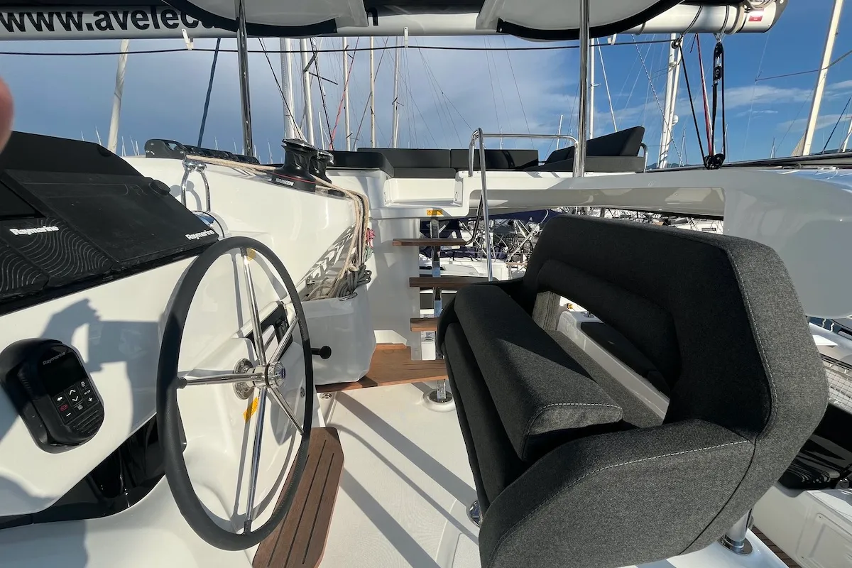 Cockpit of Why not 21, a Lagoon 43 catamaran at Municipal Unit of Lefkada, Greece