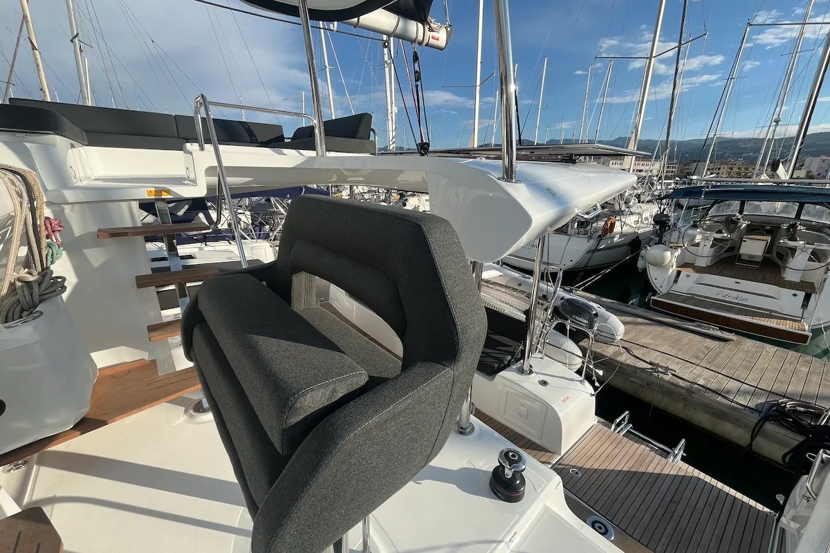 Cockpit of Why not 21, a Lagoon 43 catamaran at Municipal Unit of Lefkada, Greece