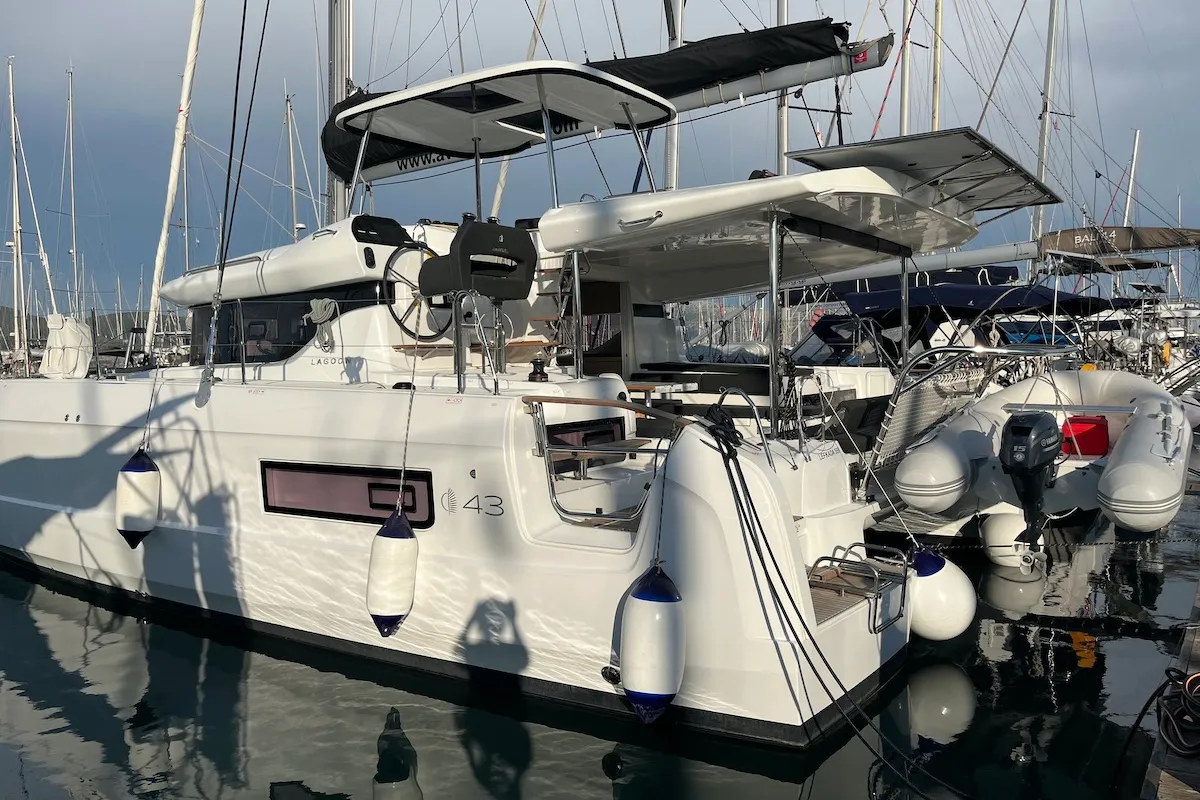 Exterior view of Why not 21, a Lagoon 43 catamaran at Municipal Unit of Lefkada, Greece