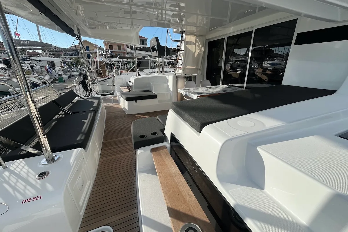 Deck of Why not 21, a Lagoon 43 catamaran at Municipal Unit of Lefkada, Greece
