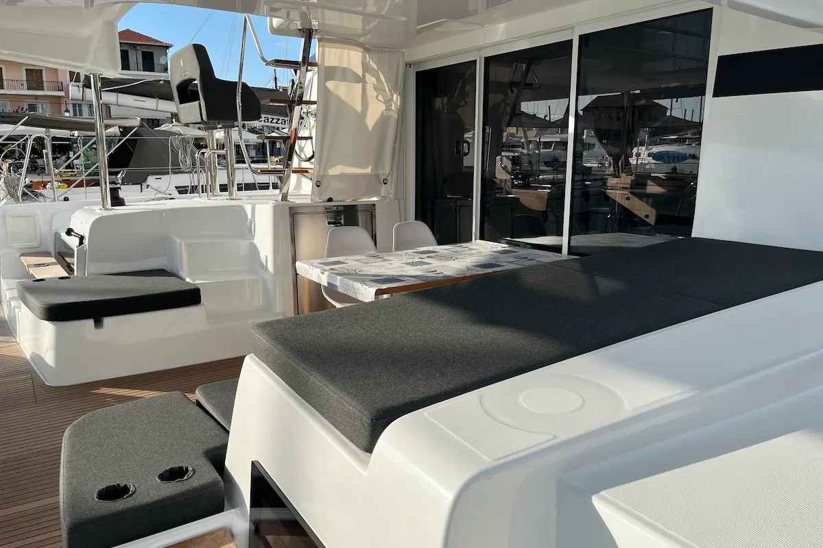 Deck of Why not 21, a Lagoon 43 catamaran at Municipal Unit of Lefkada, Greece