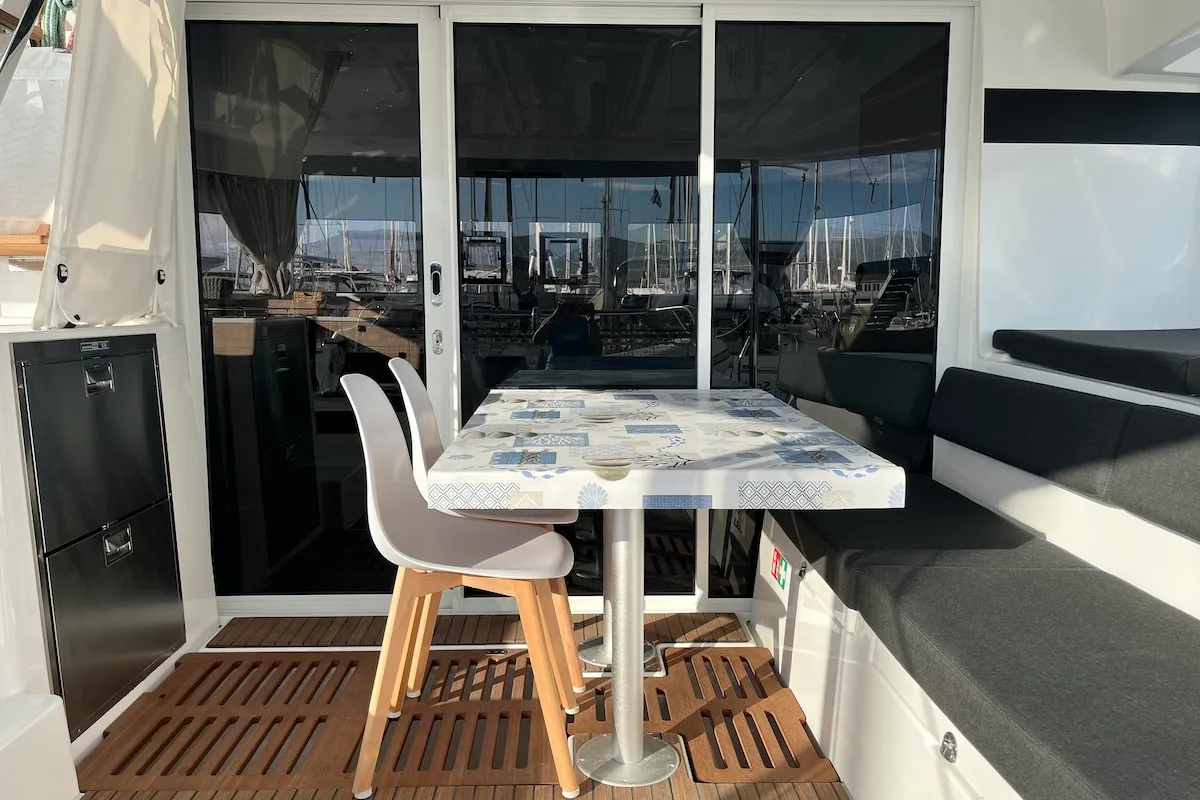 Deck of Why not 21, a Lagoon 43 catamaran at Municipal Unit of Lefkada, Greece