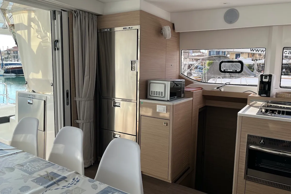 Salon of Why not 21, a Lagoon 43 catamaran at Municipal Unit of Lefkada, Greece